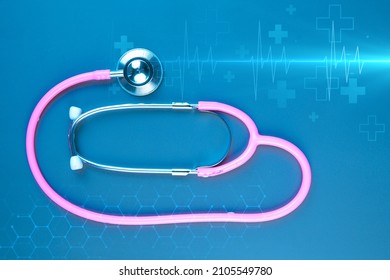 Image of pink stethoscope and heartbeat pulse. medical and healthcare diagnostic concept. Breast cancer awareness, Obstetrician-Gynecologists or OBGYN symbol..