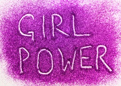 Image -  Pink Text Made From Glitters -  GIRL POWER Writing On White Paper Background With Copy Space. Women Empowerment Concept, Template For Female Blog Or Girl Power Design. Print For T-shirt.