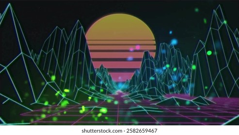 Image of pink and yellow sun over grid landscape and glowing lights on black background. Connection, journey, background, digital interface and communication, digitally generated image. - Powered by Shutterstock - Get 15% off with code: PIKWIZARD15