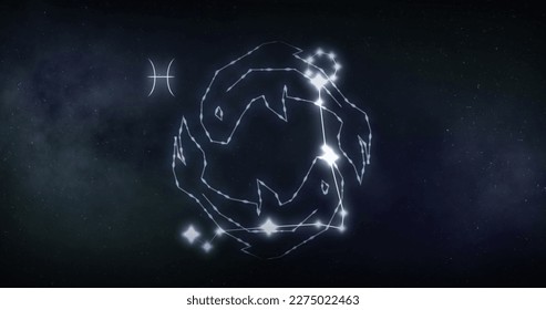 Image of pisces sign with stars on black background. Zodiac signs, stars and horoscop concept digitally generated image.