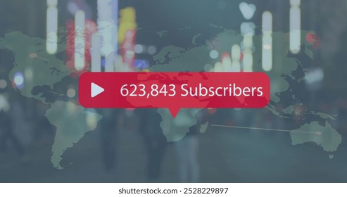 Image of play icon with increasing subscribers over world map against people walking on street. Social media networking and business technology concept - Powered by Shutterstock