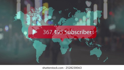 Image of play icon with increasing subscribers over world map against people walking on street. Social media networking and business technology concept - Powered by Shutterstock