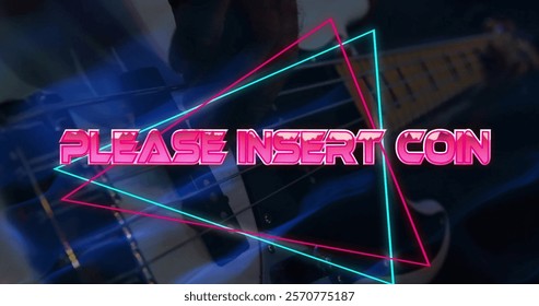 Image of please insert coin text over neon pattern background. Global image game, digital interface, communication, computing and data processing concept digitally generated image.