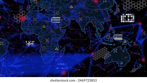 Image of plexus networks and data processing over world map against black background. Global networking and business technology concept