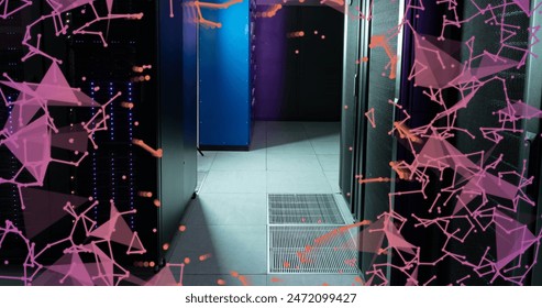 Image of plexus networks and network of connections against computer server room. Global networking and business data storage technology concept