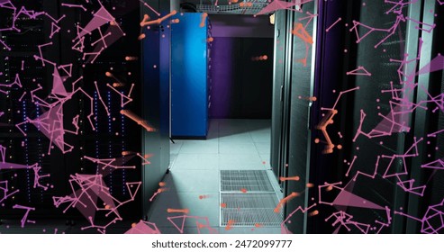 Image of plexus networks and network of connections against computer server room. Global networking and business data storage technology concept