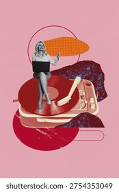 Image pop creative artwork collage of happy girl guy sit retro vinyl disk meloman playlist music celebration party nightclub.