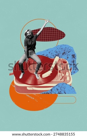 Image pop creative artwork collage of happy girl guy sit retro vinyl disk meloman playlist music celebration party nightclub.
