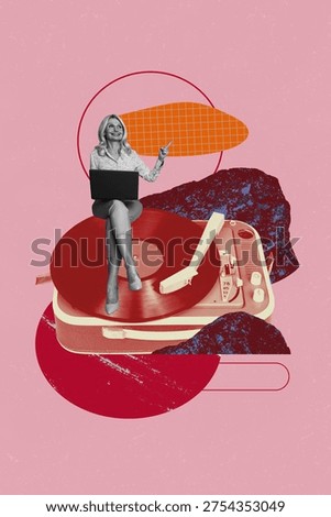 Image pop creative artwork collage of happy girl guy sit retro vinyl disk meloman playlist music celebration party nightclub.