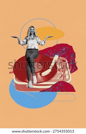 Image pop creative artwork collage of happy girl guy sit retro vinyl disk meloman playlist music celebration party nightclub.