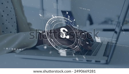 Image of pound sign, network and data processing over biracial woman using laptop. Global finance, business, connections, computing and data processing concept digitally generated image.