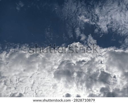 The image presents a dramatic, close-up skyward shot showing a distinct dividing line between two different cloud formations and sky conditions.

Foreground and Lower Half: Dense, thick, and billowy white-and-gray cumulus clouds occupy the lower section of the frame, showing heavy texture, depth, and shadowy highlights.

Background and Upper Half: 
A deep navy-blue sky stretches across the top portion, covered with thin, wispy, feathered altocumulus clouds that create a sheer, textured veil over the dark backdrop.