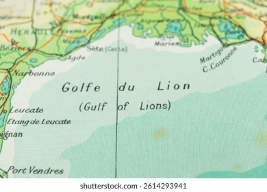 The image presents a section of an old map, focusing on the Gulf du Lion Lions Gulf in the Mediterranean Sea It features elaborate cartography with shading for topographical representation and pl