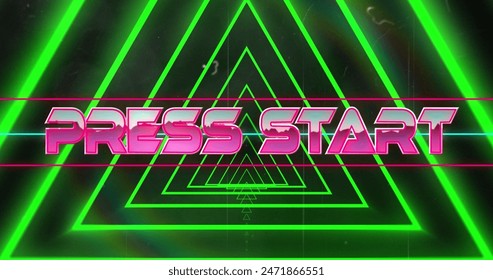 Image of press start text banner against neon green triangular tunnel in seamless pattern. image game and entertainment technology concept - Powered by Shutterstock