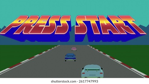 Image of press start text over screen with car race image game. image game, retro communication and entertainment concept digitally generated image. - Powered by Shutterstock - Get 15% off with code: PIKWIZARD15