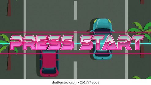 Image of press start text over screen with car race game in background. Vintage image game, communication, colour, pattern and movement concept digitally generated image. - Powered by Shutterstock - Get 15% off with code: PIKWIZARD15