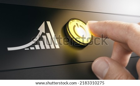 Image pressing a yellow start button to boost the traffic of a website. Concept of improving performance with SEO strategy. 