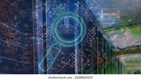 Image of pricing strategy text over reading glass and server room. Global business and digital interface concept digitally generated image.