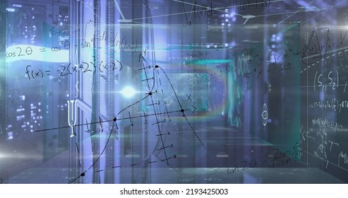 Image of prismatic ring, processing data and maths calculations over computer server room. Global communication, research, data and network concept digitally generated image.