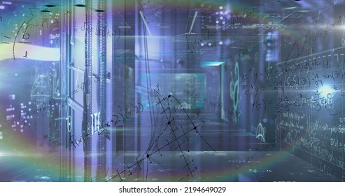 Image of prismatic ring, processing data and maths calculations over computer server room. Global communication, research, data and network concept digitally generated image.