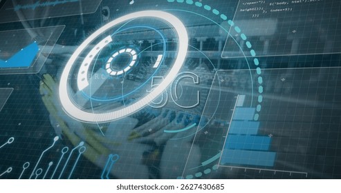 Image of processing circle and 5g over computer wires. Network, communication and technology concept digitally generated image.