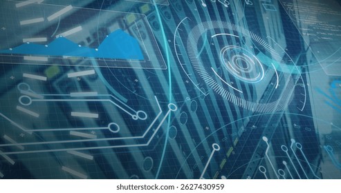 Image of processing circle and 5g over computer wires. Network, communication and technology concept digitally generated image.