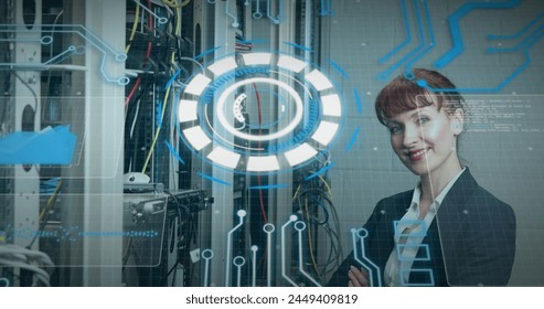 Image of processing circle and data over caucasian woman checking servers. Network, data processing and technology concept digitally generated image.
