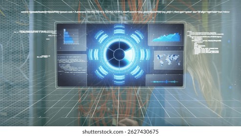 Image of processing circle and data over caucasian woman checking servers. Network, data processing and technology concept digitally generated image.