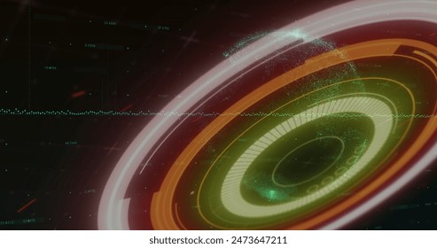 Image of processing circle and globe on black background. Global finance, economy and technology concept digitally generated image.
