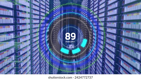 Image of processing circle with increasing numbers over servers. data processing and technology concept digitally generated image.