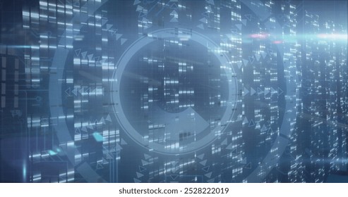 Image of processing circle and lights over navy background. Data processing, computers, network and technology concept digitally generated image.