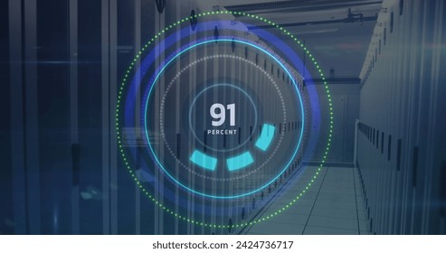 Image of processing circle with numbers over servers. data processing and technology concept digitally generated image.