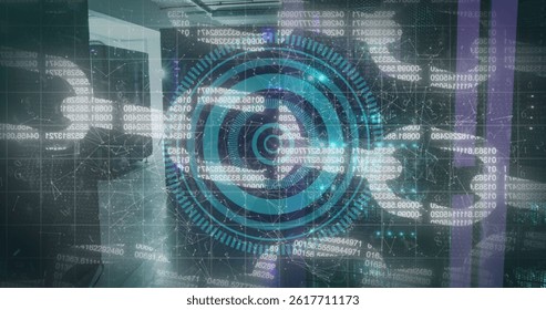 Image of processing circle over block chain. global internet security, data processing, connections and digital interface concept digitally generated image.