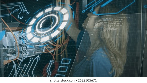 Image of processing circle over data and caucasian woman checking computer wires. computers, network, data processing and digital interface concept digitally generated image.