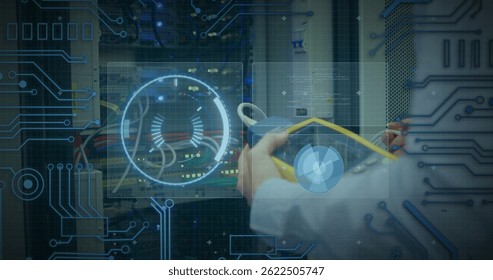 Image of processing circle over data and hands of caucasian man checking computer wires. computers, network, data processing and digital interface concept digitally generated image.