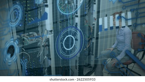 Image of processing circle over data and caucasian woman checking computer wires. computers, network, data processing and digital interface concept digitally generated image. - Powered by Shutterstock - Get 15% off with code: PIKWIZARD15