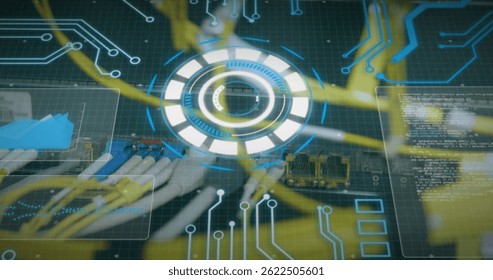 Image of processing circle over integrated circuit and computer wires. computers, network, data processing and digital interface concept digitally generated image.