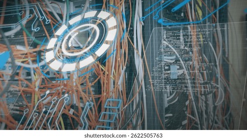 Image of processing circle over integrated circuit and computer wires. computers, network, data processing and digital interface concept digitally generated image.