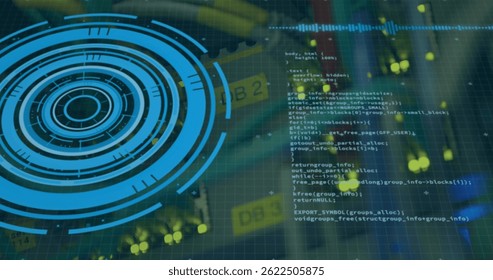Image of processing circle over integrated circuit and computer wires. computers, network, data processing and digital interface concept digitally generated image.