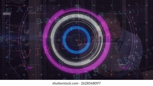 Image of processing circle over screen with diverse data. Global data processing technology and connections concept digitally generated image.
