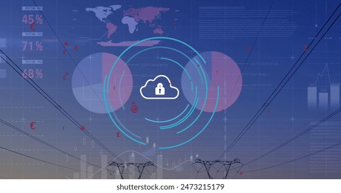 Image of processing circle and over statistic data icons on office in background. Global business finances and digital interface concept digitally generated image.