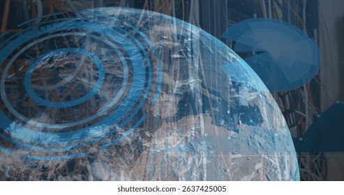 Image of processing circles, data and globe over server wires. Global data processing, network and technology concept digitally generated image.