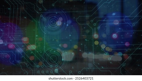 Image of processing circles and digital padlock over blurred night traffic. Data processing, digital security and technology concept digitally generated image.