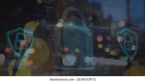 Image of processing circles and digital padlock over blurred night traffic. Data processing, digital security and technology concept digitally generated image.