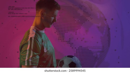 Image of processing data and globe over caucasian male footballer playing with ball on purple. Network, sport, competition, digital interface and global communication, digitally generated image. - Powered by Shutterstock - Get 15% off with code: PIKWIZARD15