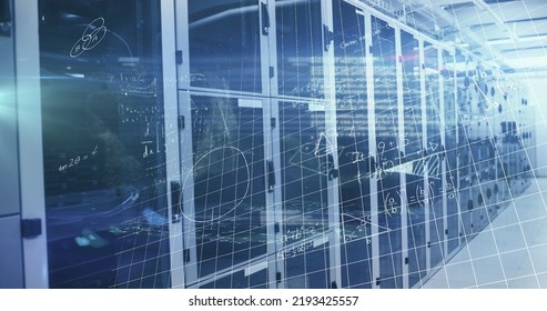 Image of processing data and maths calculations over computer server room. Global communication, research, data and network concept digitally generated image.