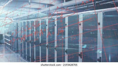 Image of processing data and maths calculations over computer server room. Global communication, research, data and network concept digitally generated image.