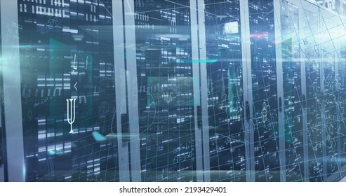 Image of processing data and maths calculations over flashing computer servers. Global communication, research, data and network concept digitally generated image.