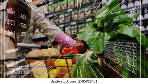 Image of processing data over caucasian woman with vegetables in shopping cart. Connection, food, nutrition, healthy lifestyle, digital interface and communication, digitally generated image.