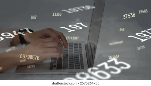 Image of processing data over hands of caucasian woman using laptop. Connection, data, business, processing, digital interface and communication, digitally generated image. - Powered by Shutterstock - Get 15% off with code: PIKWIZARD15